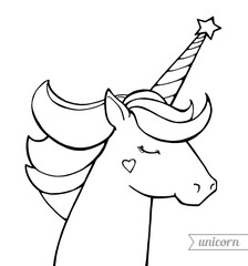 Unicorn. Magical, amazing, cute, adorable, lovely animal. Vector cartoon artwork. Black and white. Coloring book pages for adults and kids. Hand drawn illustration. Fairytale concept