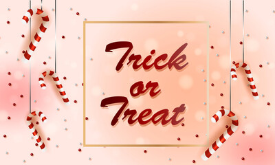 poster on pink background with  lollipops, blurred background, bokeh, bright candy beads, golden frame, text - trick or treat