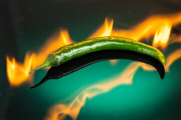 green hot chili peppers are burning on fire against a dark green background with reflection