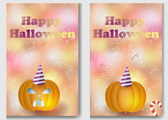 cards with pumpkins in holiday caps on a pink blurred background with bokeh, vector illustration