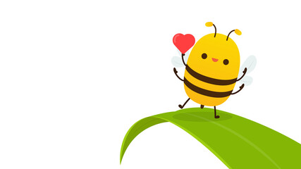 Bee vector. Bee character design. free space for text. copy space. Bee on the leaf.