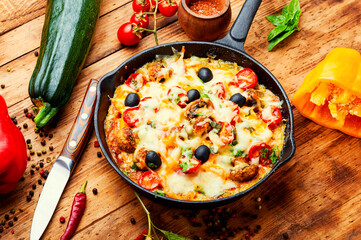 Tasty pizza and cooking ingredients