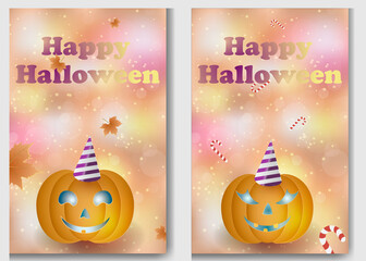 cards with pumpkins on a pink blurred background with bokeh, pumpkin with an evil and a kind face in festive caps. golden glitter, vector illustration, text - happy halloween