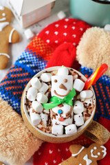 Cup of hot chocolate decorated with marshmallows