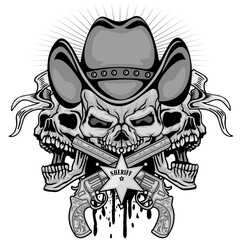 cowboys  skull in hat and guns, grunge vintage design t shirts