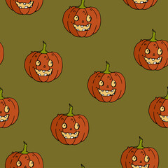 Happy Halloween vector seamless pattern. Pumpkin background. Holiday colorful texture  for wrapping, wallpaper, textile, scrapbooking. Hand drawn vector illustration in doodle style.