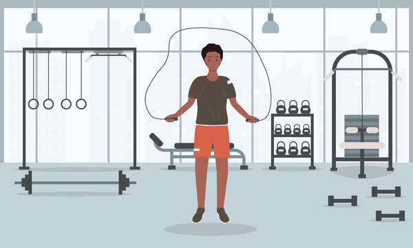 Young fit man jumps on a rope in the gym. Flat vector illustration. Sport and healthy lifestye concept