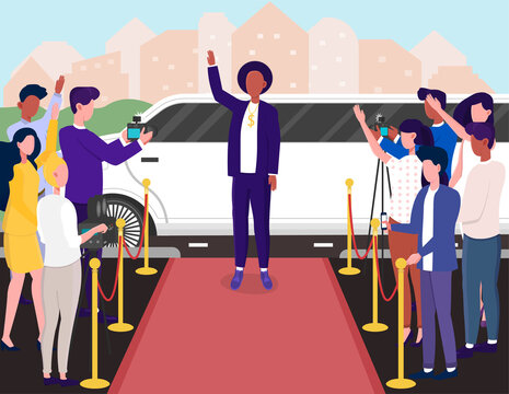 The celebrity standing and waving near the white limousine on the red carpet, surrounded by a crowd of fans and reporters. Flat vector illustration.