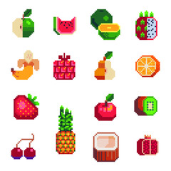 16px flat fruits icons set, pixel art, pineapple, pear, kiwi, apple, grape, watermelon, cherry, lime, raspberry and peach. Design for logo, sticker and mobile app. Isolated vector illustration.