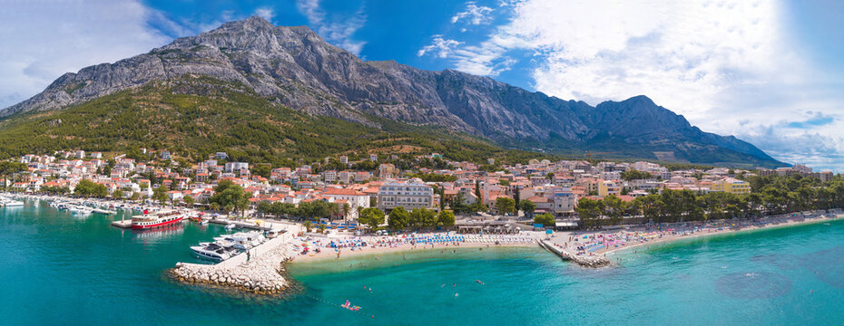 Adriatic town of Baska Voda beaches and waterfront aerial panoramic view © xbrchx