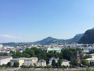 Obraz premium View of the old town and the Salzach river, seen from mountain in Salzburg, Austria