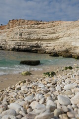 Silky blue sea waves and beautiful rocky coast. Crimea, black sea.
