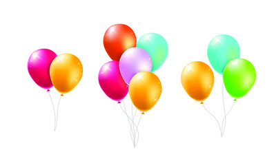 Set of Groups and Bunches of Colorful Helium Balloons on White Background . Isolated Vector Elements