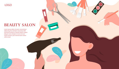 Beauty salon concept. A young pretty girl drying her hair with a hair dryer. Flat vector illustration. Web page template