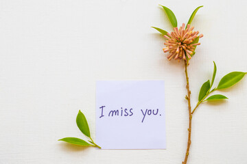 i miss you message card handwriting with flowers arrangement flat lay postcard style on background white