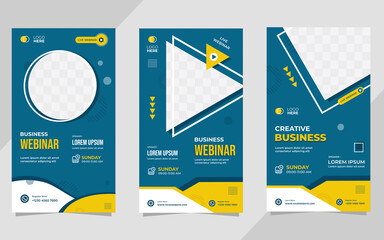 Set of minimalist social media stories post template for Business Webinar, Creative webinar, Online Education and other online seminars. Memphis style with Blue and Yellow background