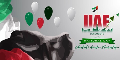 Vector illustration of United Arab Emirates national day, 2nd december, UAE flag, UAE skyline, airforce craft, balloons.