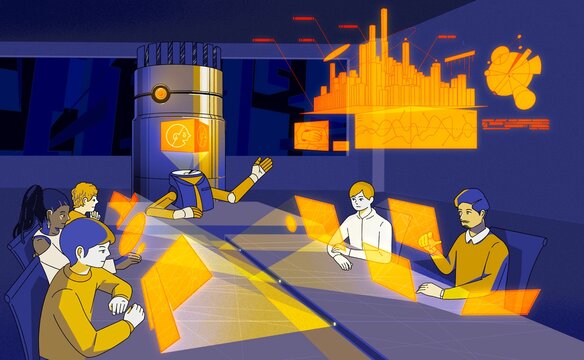 AIなどのテクノロジーを使って会議をする人々