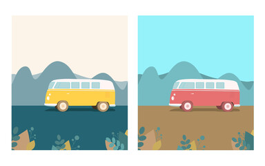 Summer landscape with a bus, two versions in color. Outdoor activities, vector flat illustration