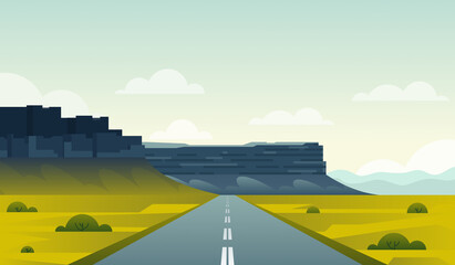 Vector illustration of Iceland landscape with road. Mountains, desert, canyon