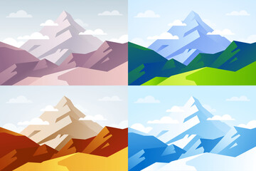 Vector landscape illustrations of 4 seasons. Spring, Summer, Autumn, Winter. Mountain peak view. Flat colorful background design for web banners. - 380853593