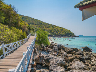 Wooden bridge with beautiful seascape on koh lan island Pattaya Thailand