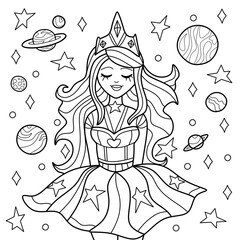 Coloring anti stress page for adults and children. Princess of the Cosmos