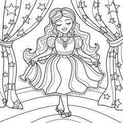 Coloring antistress page for adults 
and children. Girl on stage with star backstage