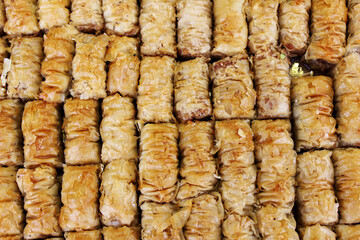 Handmade oriental sweets on the market in Jerusalem. Market, SHUK Mahane Yehuda with fresh baklava in Jerusalem, Israel
