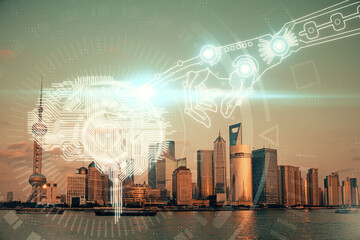 Brain hologram drawing on cityscape background multi exposure. Ai in modern city concept.