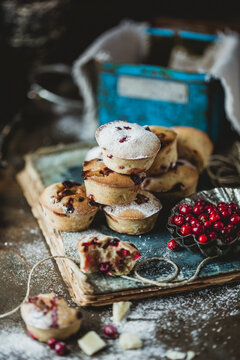 Homemade muffins with wild cranberries and white chocolate