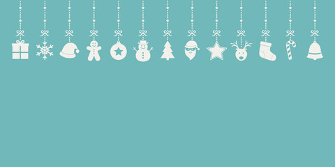 Empty Xmas card with hanging icons. Christmas decoration. Vector