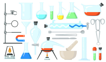 Glass beakers set. Lab tubes and bottles, tools for chemical experiment. Flat vector illustration for chemistry, laboratory, lab research, science concept.