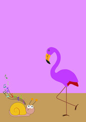 Wildlife greeting card illustration isolated on pink background. Postcard snail and flamingos.