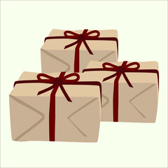 Set of vector drawing gift with red ribbon in flat design. Holiday, gift, donation, surprise in cartoon style.