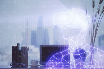 Computer on desktop with AR theme icon. Multi exposure. Concept of augmented reality.