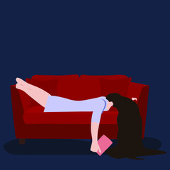 Vector drawing of a sad girl in depression with fluttering hair lies on the sofa buried in a pillow in a flat style. Depressed teenager in cartoon style
