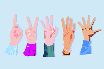 Set of vector drawing count fingers on hands. Numbers shown by fingers on hands. Drawn wrist hand style flat, cartoon. Hand icons. Counting on the fingers.