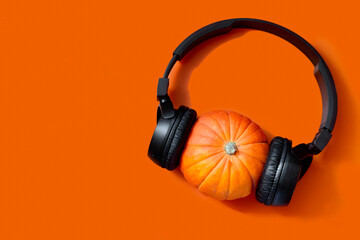 pumpkin on an orange background. wireless headphones on the pumpkin. preparing for halloween
