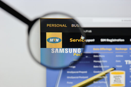 Milan, Italy - August 20, 2018: MTN website homepage. MTN logo visible.