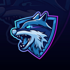 Night wolf logo esport mascot template, emblem animal character editable vector graphic © Noor-shine