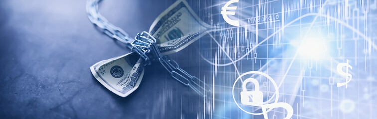 Business concept. The depreciation of the national currency. Hundred dollar bill. Inflation and stagnation. Tighten the hundred dollar bill with a measuring chain.