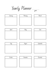 Yearly Planner. Blank printable vertical notebook page. Vector 8 ESP.