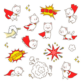 Set of super cat stickers. Illustration of cute white cats in super hero costume and comic book design elements such as speech bubbles and explosions isolated on a white background. Vector 8 EPS.