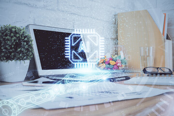 Multi exposure of desktop with personal computer and tech theme drawing. Concept of Bigdata.