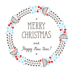 Merry Christmas and Happy New Year. Circle frame made from twigs, snowflakes and berries with hand written phrase 