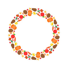 Thanksgiving Day frame. Autumn wreath made of vegetables, autumn leaves and berries isolated on white. Can be used for Thanksgiving Day invitation, autumn greeting card or banner. Vector 8 EPS.