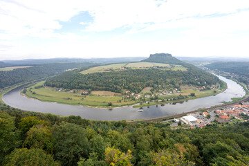 View from Koenigstein Fortress to a bend of river Elbe in Saxony Switzerland. Germany