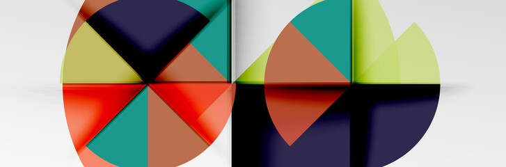 Bright color circles, abstract round shapes and triangles composition with shadow effects. Vector modern geometric design template