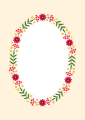 September oval frame. Autumn wreath with colorful autumn leaves and flowers on a light orange background. Can be used as Thanksgiving Day invitation, autumn greeting card or gift tag. Vector 8 EPS.